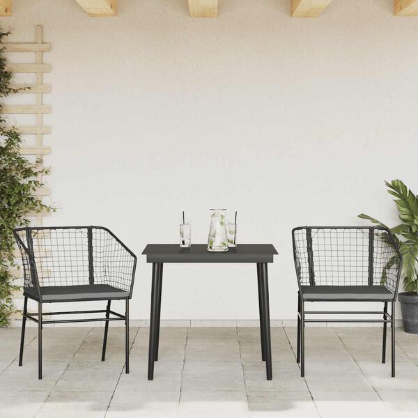 vidaXL 3 Piece Garden Dining Set with Cushions Black Poly Rattan Glass