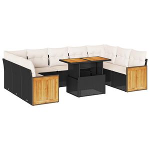 vidaXL 10 Piece Garden Sofa Set with Cushions Black Poly Rattan Acacia