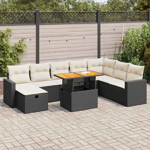 vidaXL 9 Piece Garden Sofa Set with Cushions Black Poly Rattan Acacia