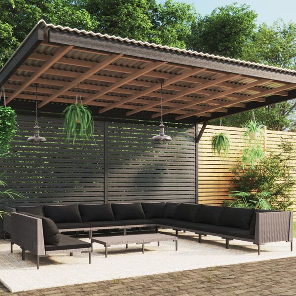 vidaXL 12 Piece Garden Lounge Set with Cushions Poly Rattan Dark Grey
