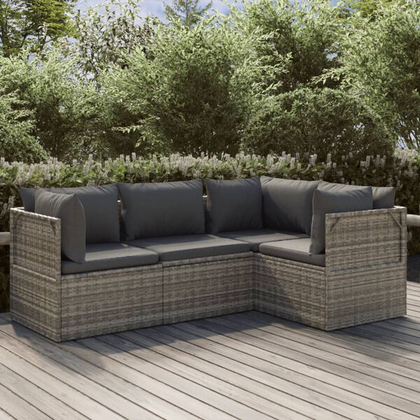 vidaXL 4 Piece Garden Lounge Set with Cushions Grey Poly Rattan