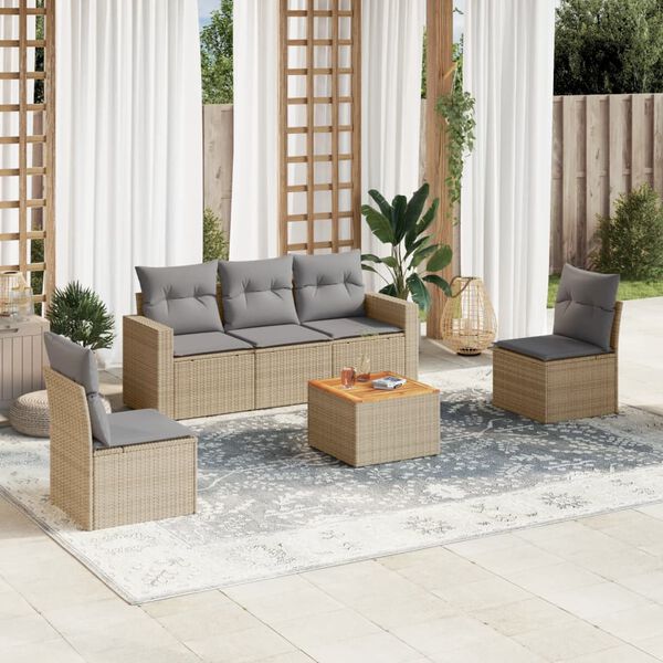 vidaXL 6 Piece Garden Sofa Set with Cushions Beige Poly Rattan