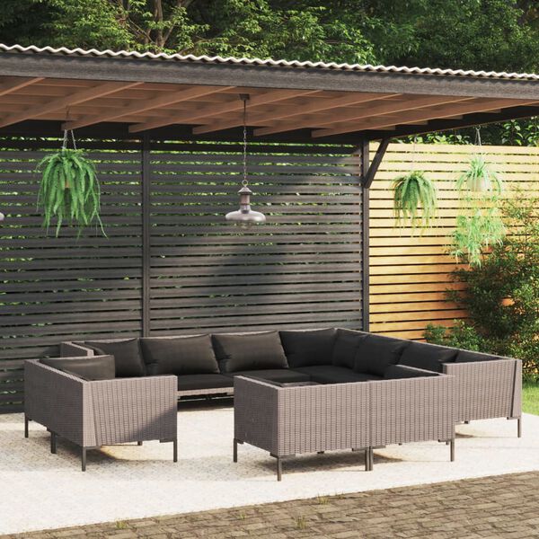 vidaXL 11 Piece Garden Lounge Set with Cushions Poly Rattan Dark Grey