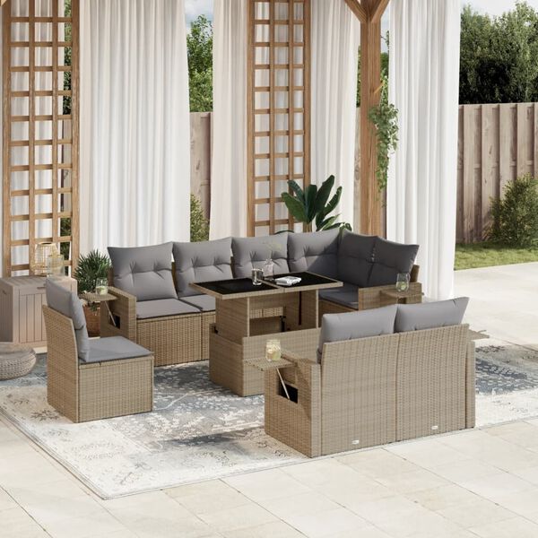 vidaXL 9 Piece Garden Sofa Set with Cushions Beige Poly Rattan