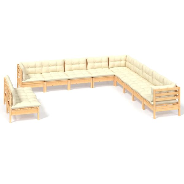 vidaXL 11 Piece Garden Lounge Set with Cream Cushions Solid Pinewood