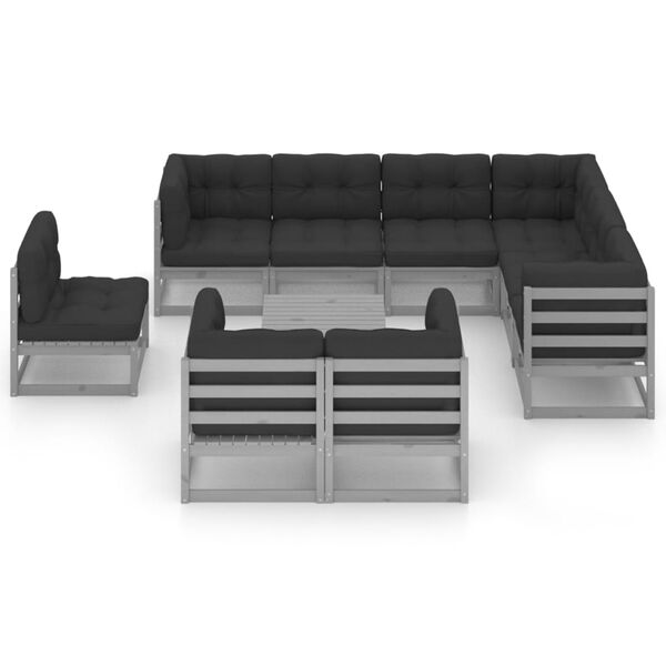 vidaXL 10 Piece Garden Lounge Set with Cushions Grey Solid Pinewood