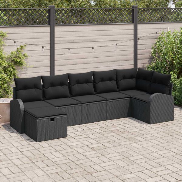 vidaXL Sofa Set with Cushion with Storage 7 pcs Black Poly Rattan
