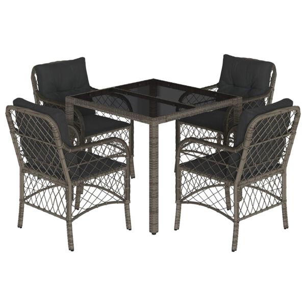 vidaXL 5 Piece Garden Dining Set with Cushions Grey Poly Rattan