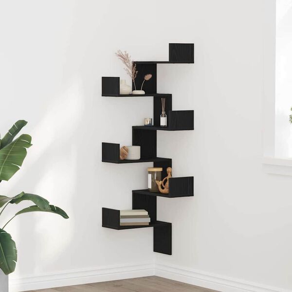 vidaXL Wall Corner Shelf with Shelf Black Oak 45 x 45 x 147 cm