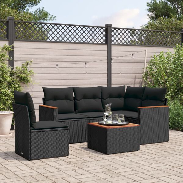 vidaXL 6 Piece Garden Sofa Set with Cushions Black Poly Rattan