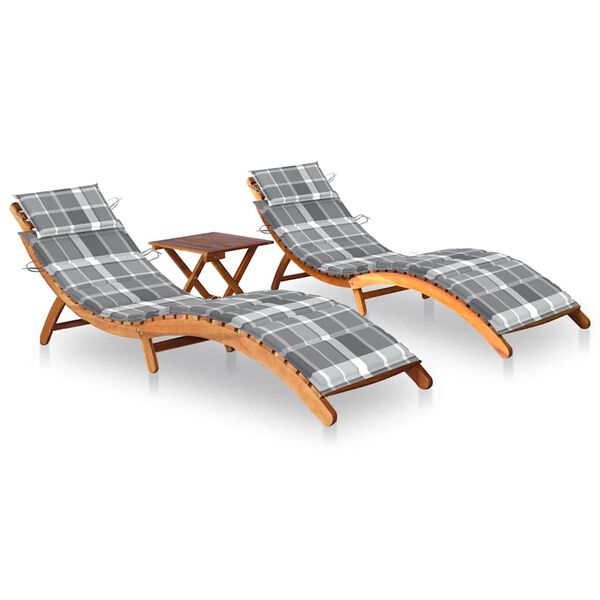 vidaXL Sun Loungers 2 pcs with Table and Cushions Solid Acacia Wood