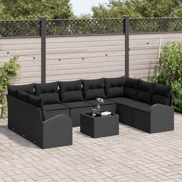 vidaXL Sofa Set with Cushion 10 pcs Black Poly Rattan