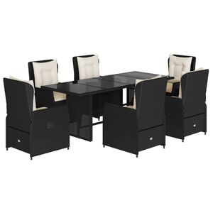 vidaXL 7 Piece Garden Dining Set with Cushions Black Poly Rattan