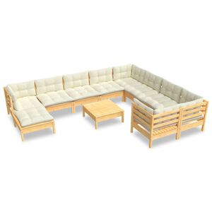 vidaXL 11 Piece Garden Lounge Set with Cream Cushions Pinewood