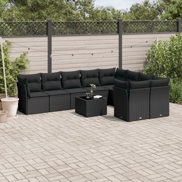 vidaXL 10 Piece Garden Sofa Set with Cushions Black Poly Rattan
