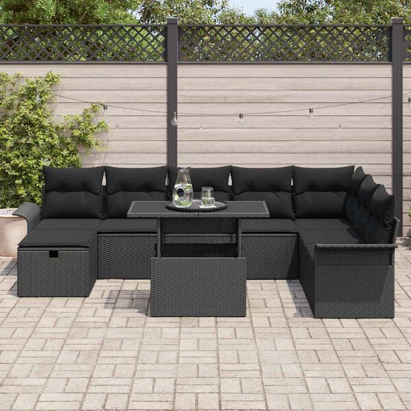 vidaXL Garden Sofa Set with Cushion 9 pcs Black Poly rattan