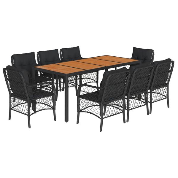 vidaXL 9 Piece Garden Dining Set with Cushions Black Poly Rattan
