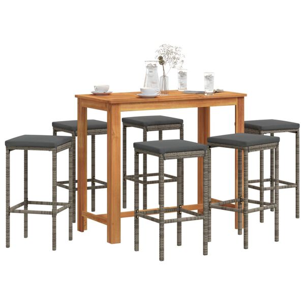 vidaXL 7 Piece Garden Bar Set Grey Solid Wood Acacia and Poly Rattan
