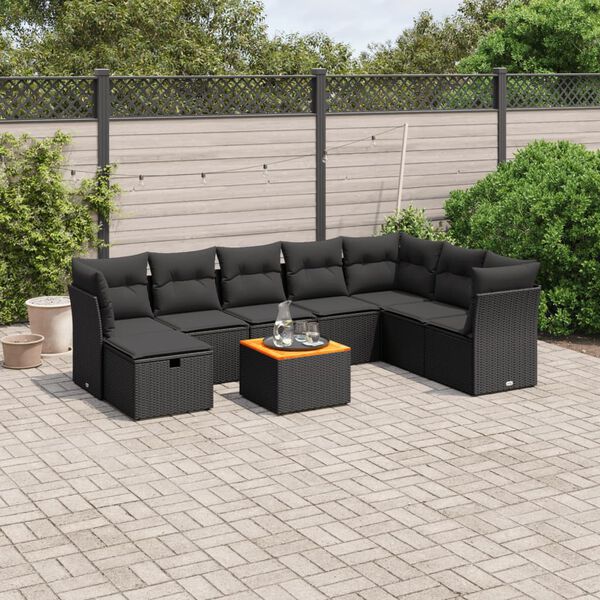 vidaXL 9 Piece Garden Sofa Set with Cushions Black Poly Rattan
