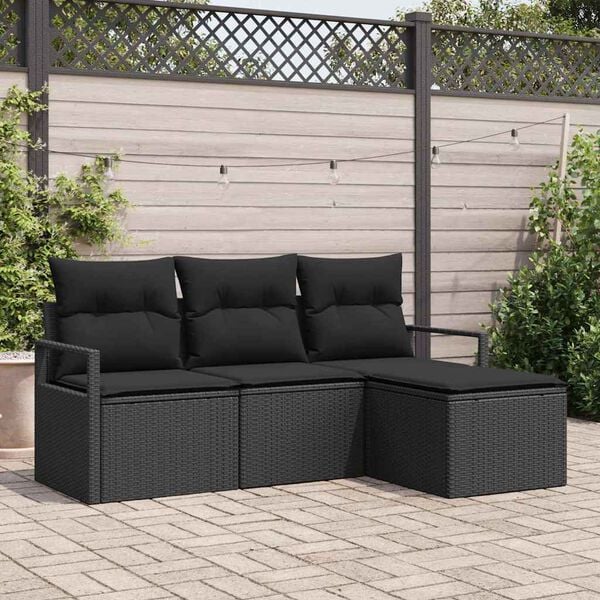 vidaXL Sofa Set with Cushion with Storage 4 pcs Black Poly Rattan