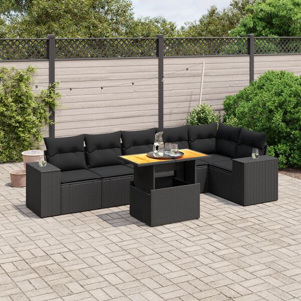 vidaXL 7 Piece Garden Sofa Set with Cushions Black Poly Rattan