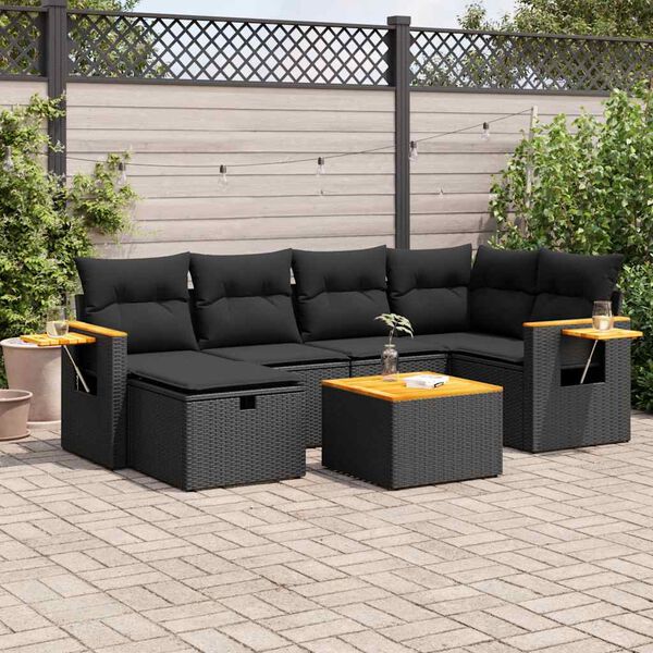 vidaXL 7 Piece Garden Sofa Set with Cushions Black Poly Rattan