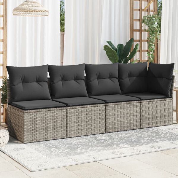 vidaXL Garden Sofa with Cushions 4-Seater Grey Poly Rattan