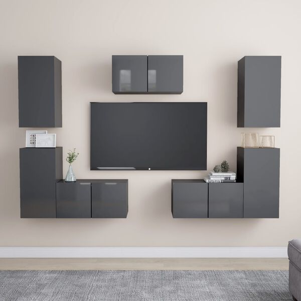 vidaXL 7 Piece TV Cabinet Set High Gloss Grey Engineered Wood