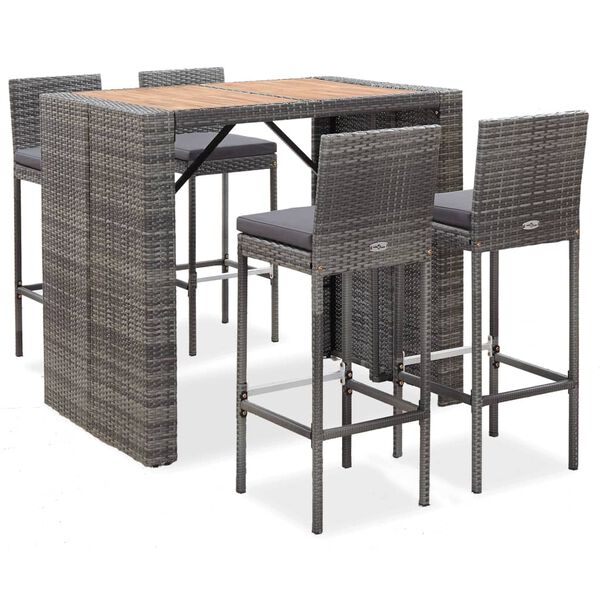 vidaXL 5 Piece Outdoor Bar Set Poly Rattan and Acacia Wood Grey