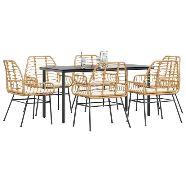 vidaXL 7 Piece Garden Dining Set with Cushions Brown Poly Rattan Glass