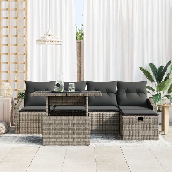 vidaXL Garden Sofa Set Height-Adjustable 6 pcs Grey Poly Rattan