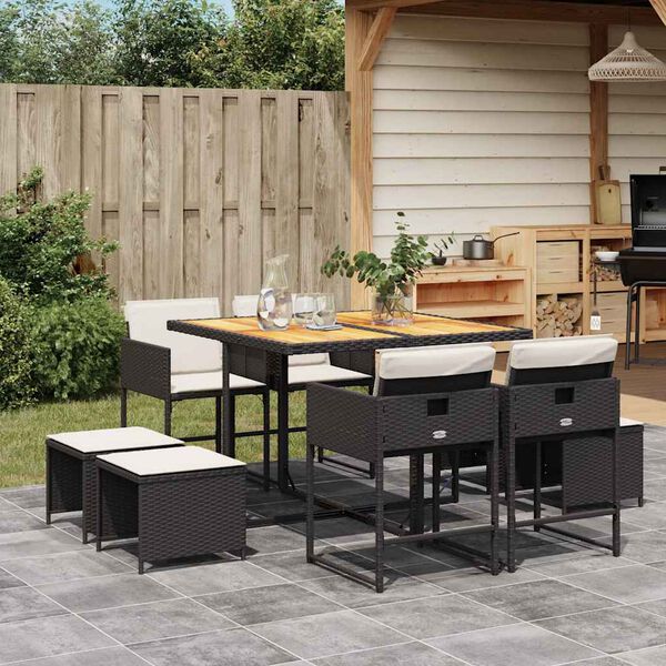 vidaXL 9 Piece Garden Dining Set with Cushions Black Poly Rattan