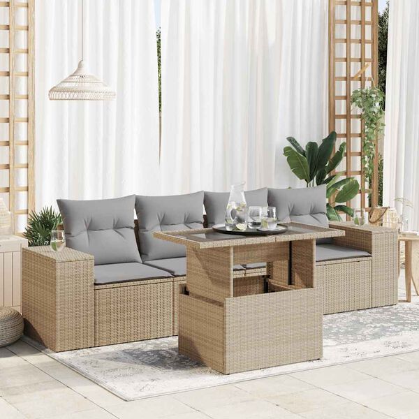 vidaXL 5 Piece Garden Sofa Set with Cushions Beige Poly Rattan