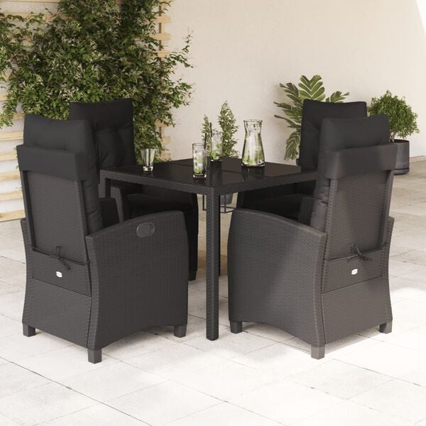 vidaXL 5 Piece Garden Dining Set with Cushions Black Poly Rattan