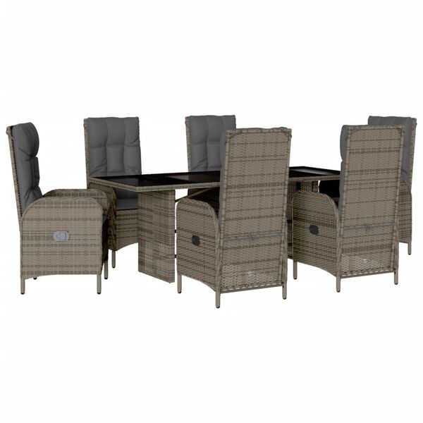 vidaXL 7 Piece Garden Dining Set with Cushions Grey Poly Rattan