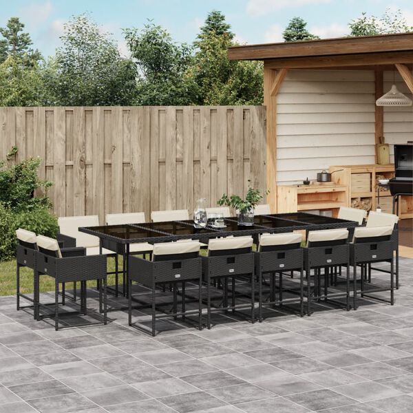 vidaXL 15 Piece Garden Dining Set with Cushions Black Poly Rattan