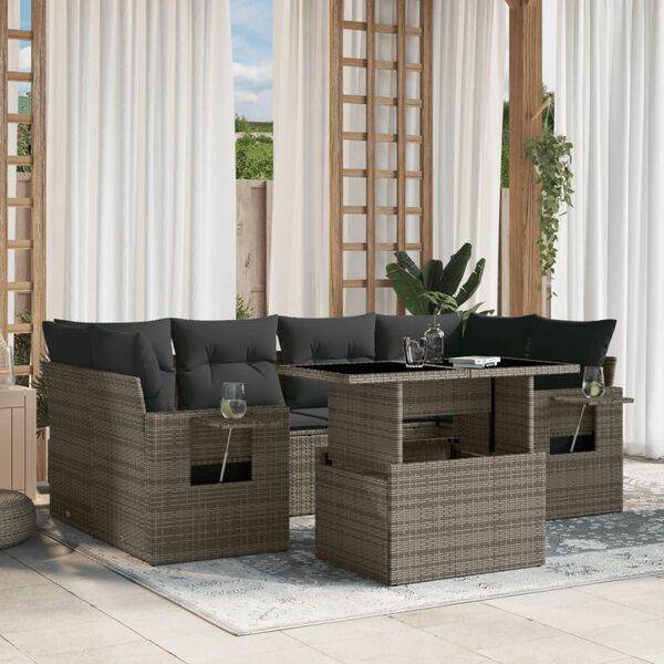 vidaXL 7 Piece Garden Sofa Set with Cushions Grey Poly Rattan