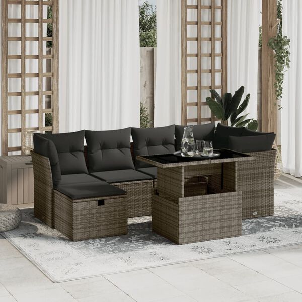 vidaXL 7 Piece Garden Sofa Set with Cushions Grey Poly Rattan