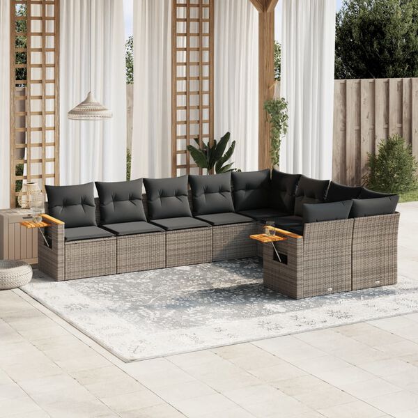 vidaXL 9 Piece Garden Sofa Set with Cushions Grey Poly Rattan