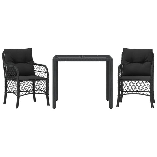 vidaXL 3 Piece Bistro Set with Cushions Black Poly Rattan