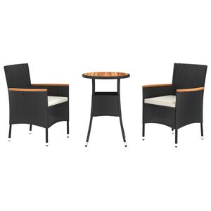vidaXL 3 Piece Garden Bistro Set with Cushions Black Poly Rattan