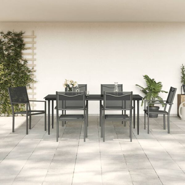 vidaXL 7 Piece Garden Dining Set Black Steel and Textilene