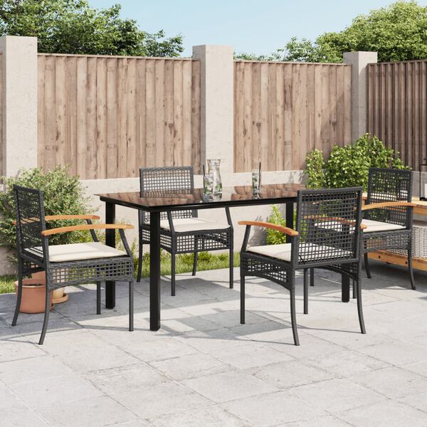 vidaXL 5 Piece Garden Dining Set with Cushions Black Poly Rattan