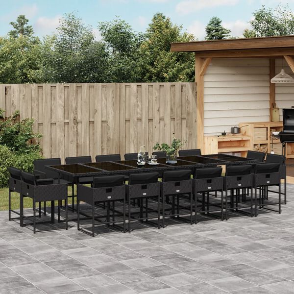 vidaXL 17 Piece Garden Dining Set with Cushions Black Poly Rattan