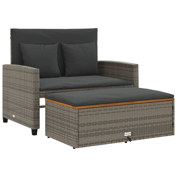 vidaXL Garden Sofa with Cushions 2-Seater Grey Poly Rattan&Acacia Wood