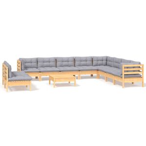 vidaXL 11 Piece Garden Lounge Set with Grey Cushions Solid Pinewood