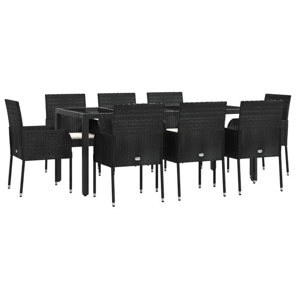 vidaXL 9 Piece Garden Dining Set with Cushions Black Poly Rattan