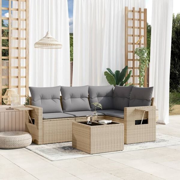 vidaXL 5 Piece Garden Sofa Set with Cushions Beige Poly Rattan