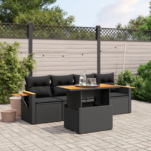 vidaXL 5 Piece Garden Sofa Set with Cushions Black Poly Rattan