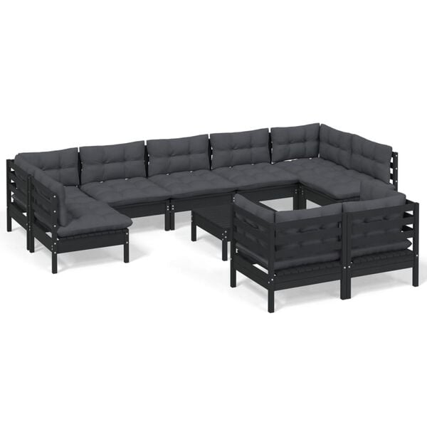 vidaXL 10 Piece Garden Lounge Set with Cushions Black Solid Pinewood